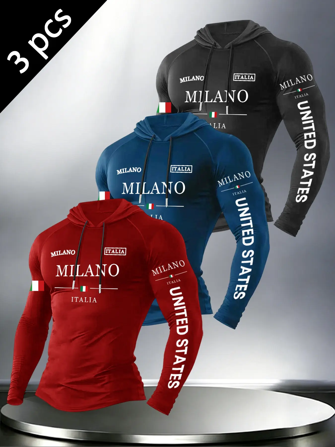 3 Pack Mens Drawstring Long Sleeve Hoodies Milano Italia Flag Vertical Letter Chest Sleeve Multi Position Print European Themed Slim Fit Streetwear Tops For Daily Urban Leisure Outfit