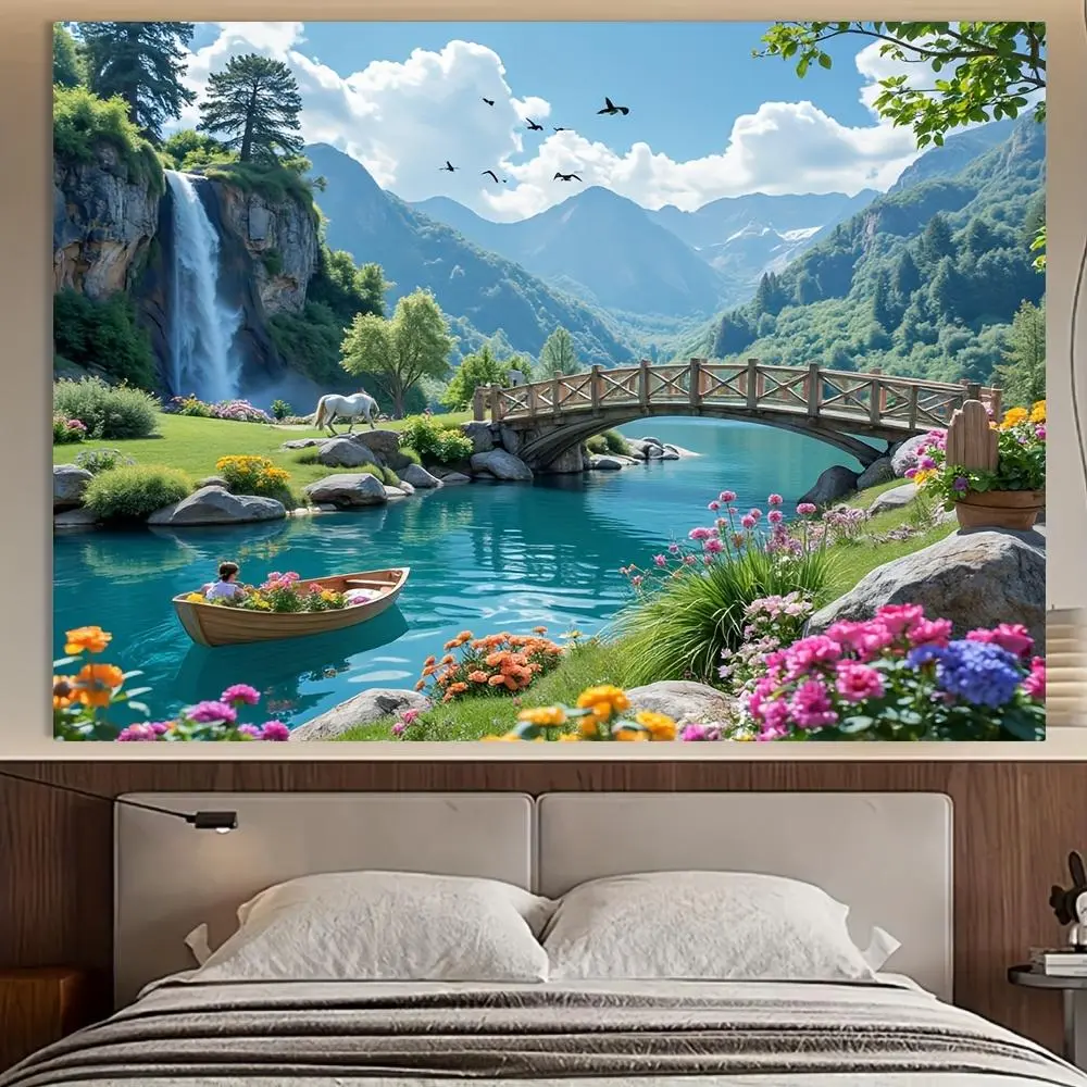 100% Polyester Durable Spring Scenery Tapestry - Tapestry Room Decor Hanging Wall Art with Waterfall, Lush Greenery, Serene Lake, Bridge, Light Home Holiday Decor Gift