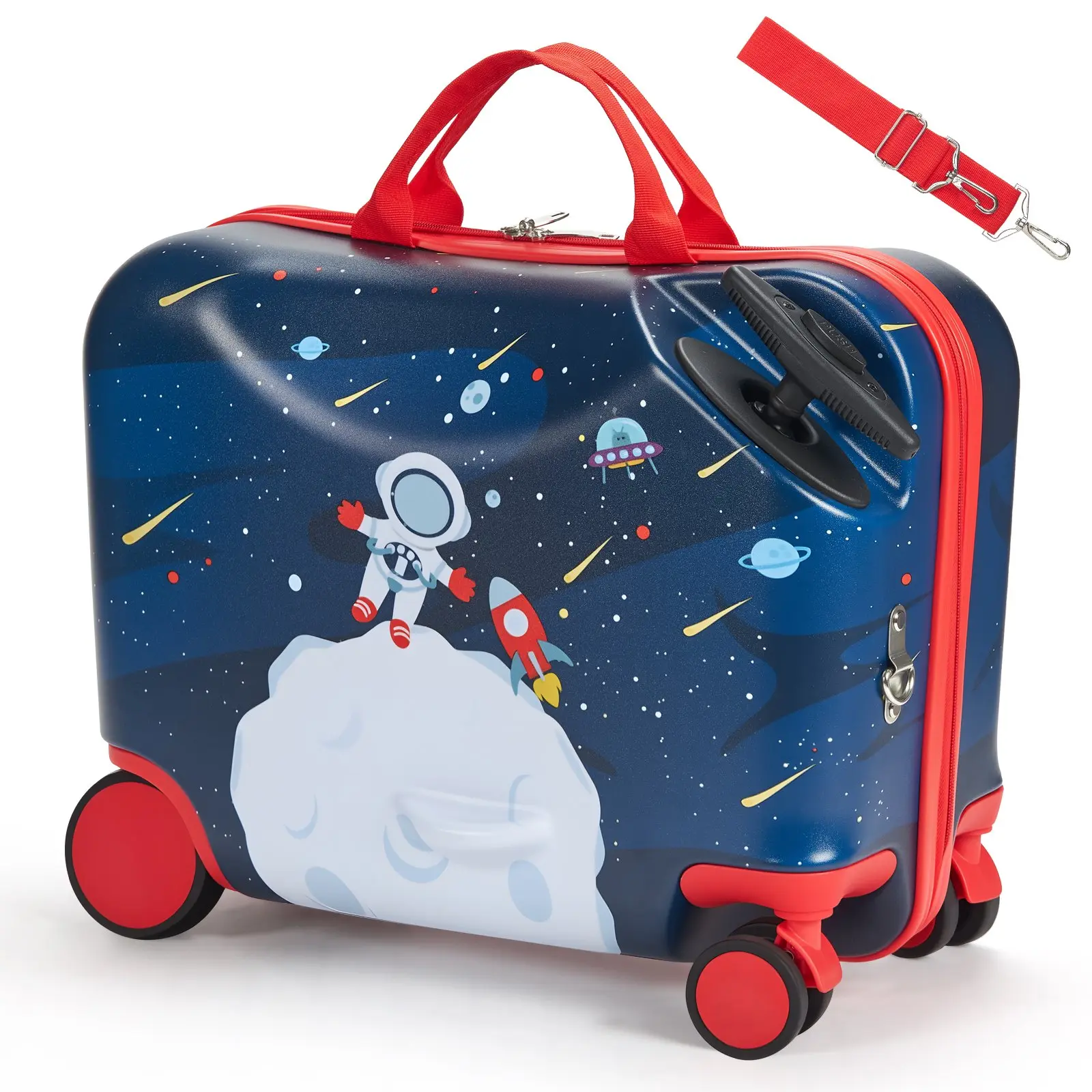 【Summerfinds】VEVOR 18in 26L Capacity Ride-on Luggage, Tow-Along Toddler Carry-On with Wheels, Adjustable Shoulder Strap, Lightweight Kids Suitcase with Built-In Organizer for 3-4 Years Girl, Blue & White