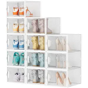 12 Pack X-Large Clear Plastic Stackable Shoe Storage Boxes Organizer for Closet Fits Shoe Size 13
