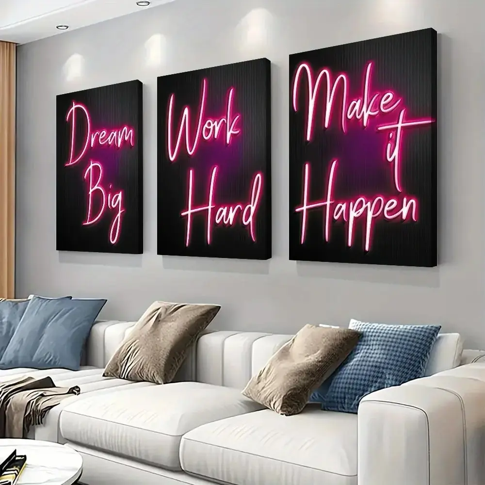 3-Piece Canvas Inspirational Neon Style Art, Triptych Wall Art Decoration, Modern Home Living Room Bedroom Office Background, Unframed Art Gift