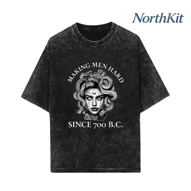 Medusa Myth Graphic T-Shirt, Unisex Round Neck Tee with Humorous Slogan, Classic Street Style for Casual Streetwear, Joggers, Novelty, Shortsleeve, Tshirt