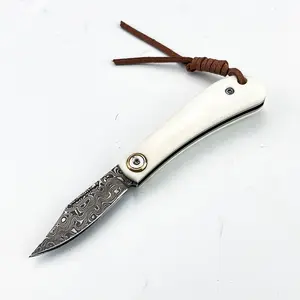 Practical mini folding knife, with Damascus steel blade, smooth and creamy white curved bone handle, black and gold interlayer combined with golden main shaft screws. Perfect for EDC (everyday carry), knife collection, and as a gift, it is very stylish.