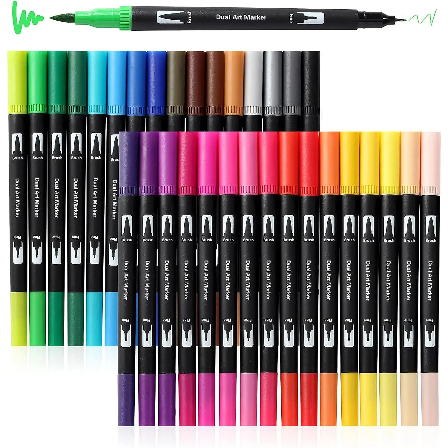 Art Markers Brush Pen Markers for Adult Coloring 32 Colored Pens | Fine Point Highlighter Pen & Brush Markres for Journaling Note Taking Planner