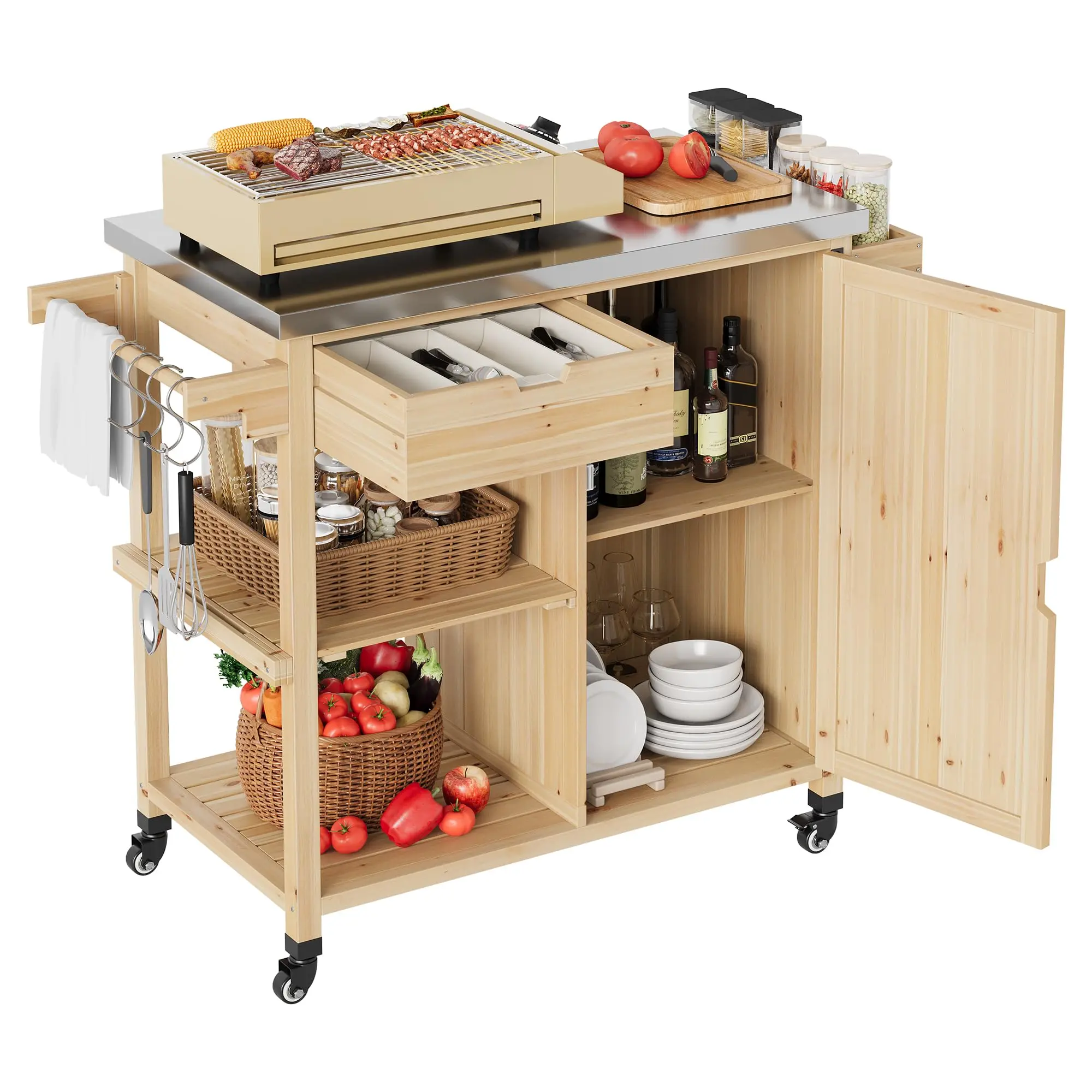 Garvee Solid Wood Outdoor Grill Cart with Stainless Steel Top, Drawer, and Open Shelves - Portable Rolling Kitchen Island for Patio, Garden, and Backyard BBQ Prep and Storage
