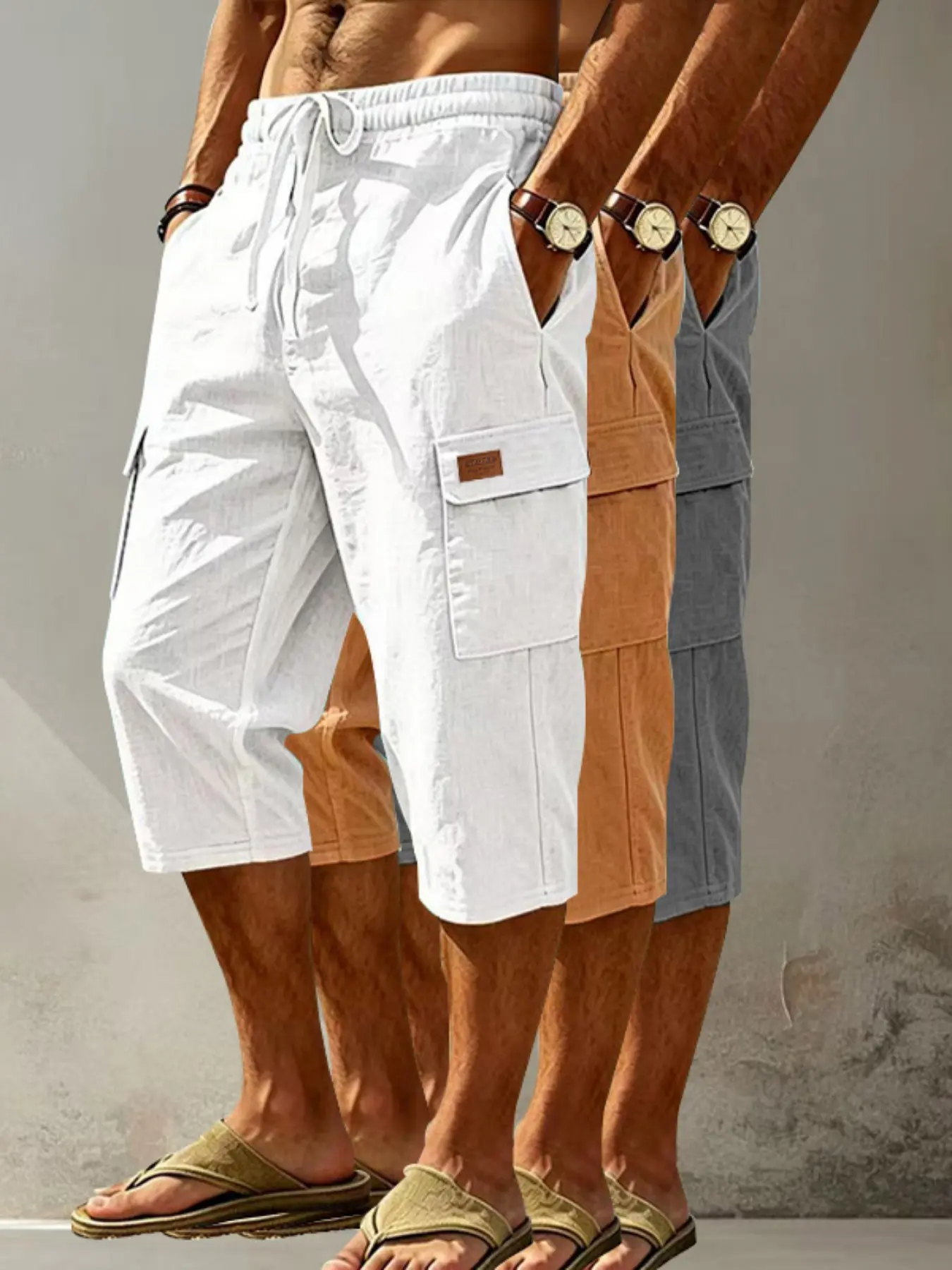 Men's Summer Loose Fit Oversized Linen Shorts, Casual Outdoor Workwear, Multi-Pocket 7/8 Inch Pants, Three-Piece Set with Standing Label