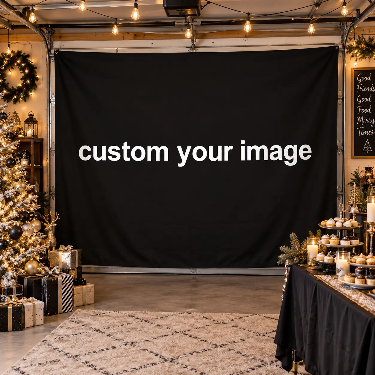 Custom Photo & Name Black Backdrop, Personalized Minimalist Banner for Birthday Graduation Anniversary Event