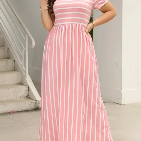 Plus Size Striped Print Pocket Round Neck Tee Dress, Dresses with Pockets, Casual Comfy Chic, Summer Clothes, Casual Short Sleeve Long Dress for Summer, Sundress Maxi Dress, Women's Clothing for Daily Wear