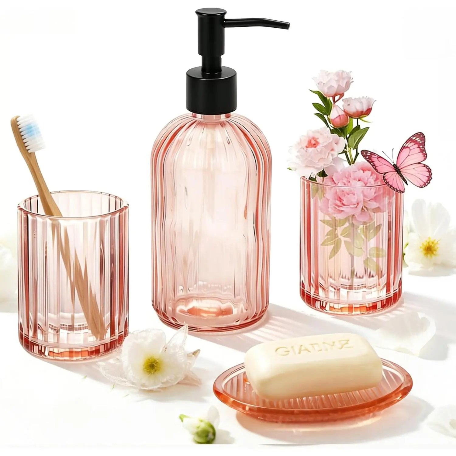 Glass Bathroom Accessories Set, 4 count Soap Dispenser  Holder |  4 count thick glass bathroom set: soap dispenser,  holder, mouthwash cup, soap dish, easy clean modern decor