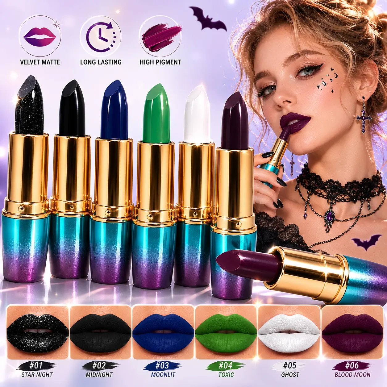 6Pcs Gothic Creative Lipstick Set, Velvet Matte High-Pigment Intensely Pigmented Lip Color, Long-Lasting Smooth Non-Drying Lip Products Makeup For Halloween Cosplay & Stage, Lip Kits