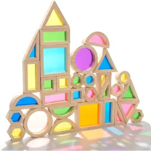 Wood Building Blocks Set for Kids, 32 Pcs Rainbow Stacker Stacking Game Construction Toys Set Preschool Colorful Learning Educational Toys, Geometry Wooden Blocks for Boys Girlsfidget toys