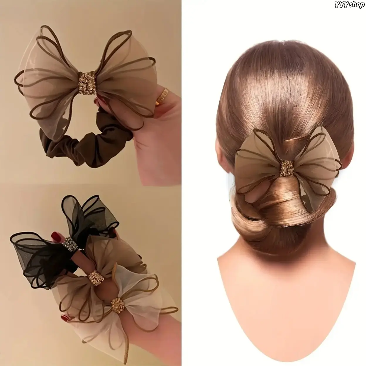 Women’s 3-Pack Vintage Bow Headbands - High-Elastic Mesh Fabric Hair Hoops, Rhinestone-Decorated Updo Holder, Elegant DIY Bag Accessory for Daily Use & Parties, Summervibes, High Elasticity
