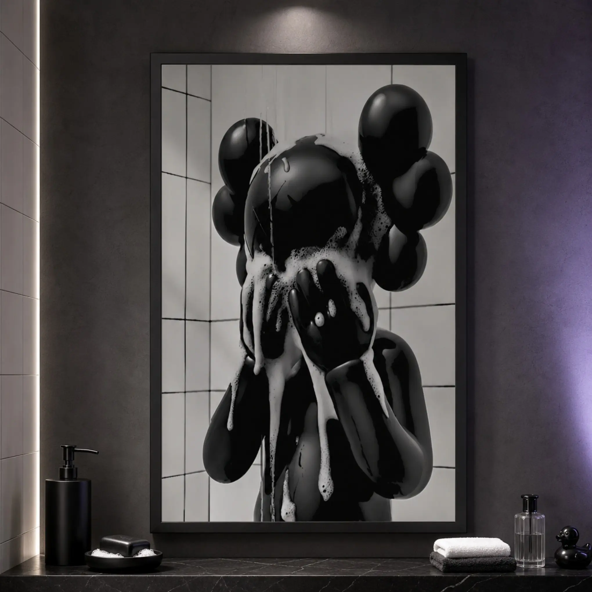 Black and White Melting Cartoon Character Canvas Wall Art Poster,Funny Bathroom Poster, Dark Pop Art Print for Restroom, Bedroom and Modern Home Decor, Framed or Unframed