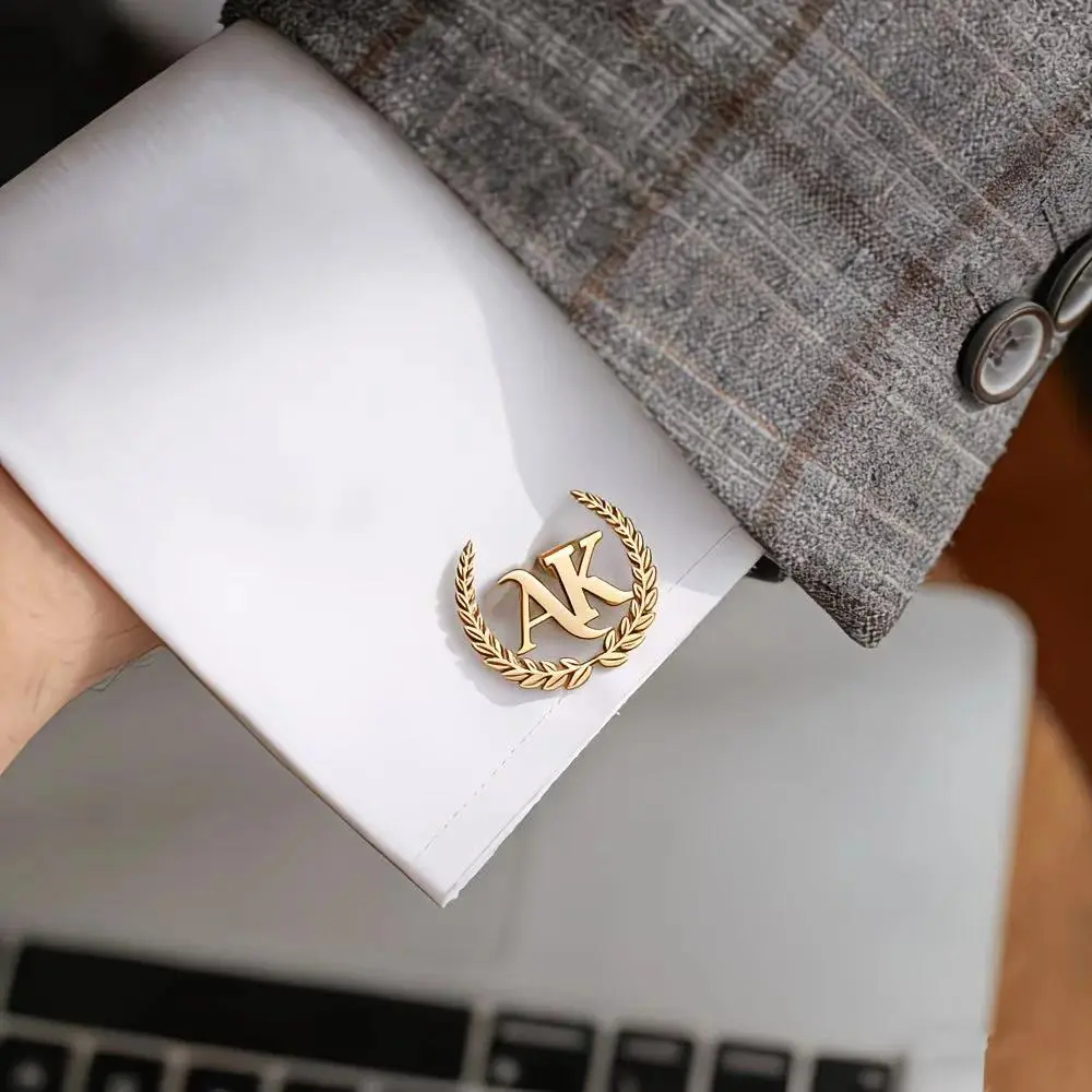 Custom Initial Letter Cufflinks For Elegant Men Groomsmen Personalized Laurel Wreath Letters Stainless Steel Cuff-Links Jewelry