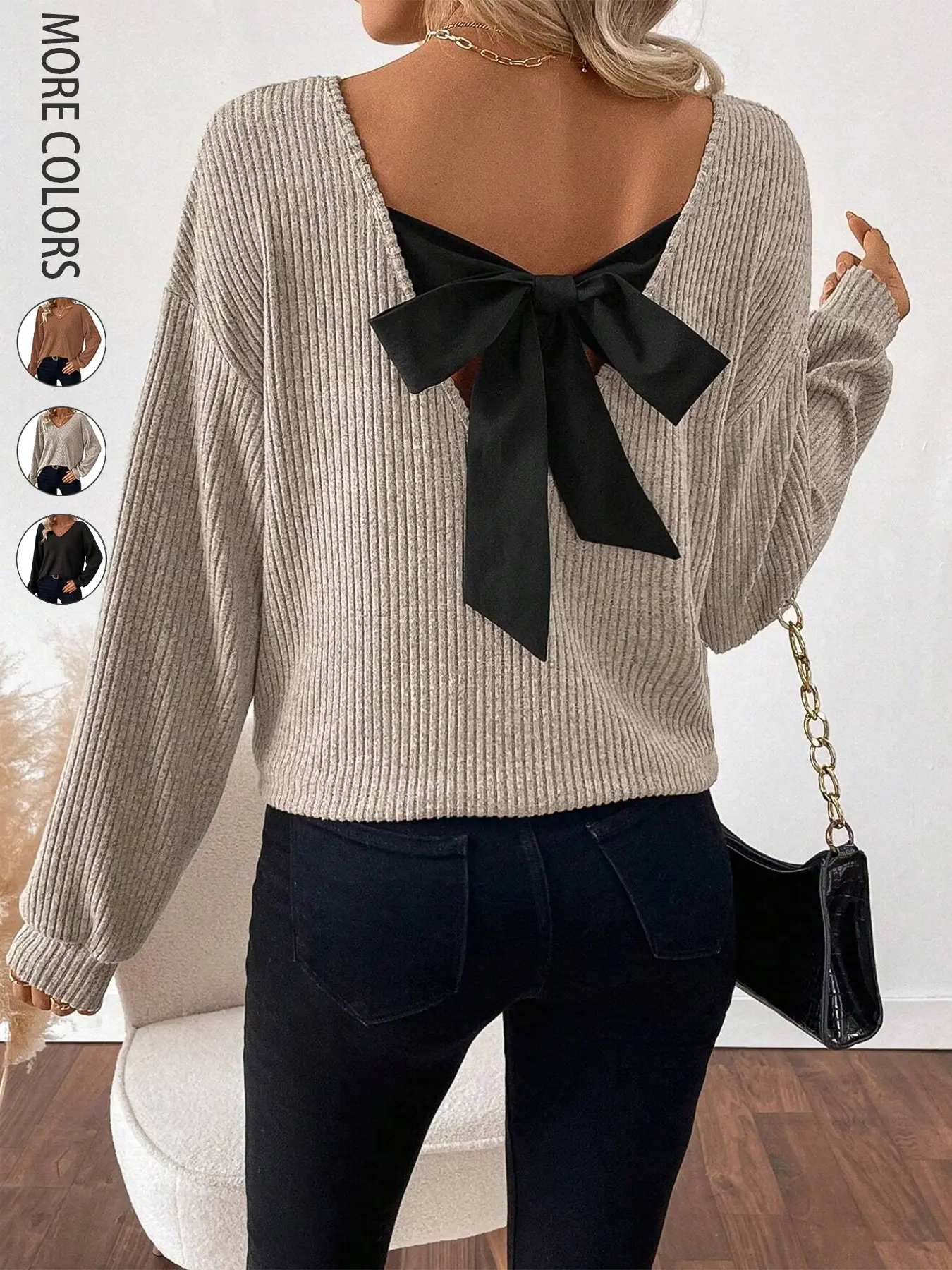 Women's Casual Backless Long Sleeve Loose T-Shirt Top With Back Bow Detail,  Comfortable and Stylish Elegance Summer Wear, Perfect for Daily