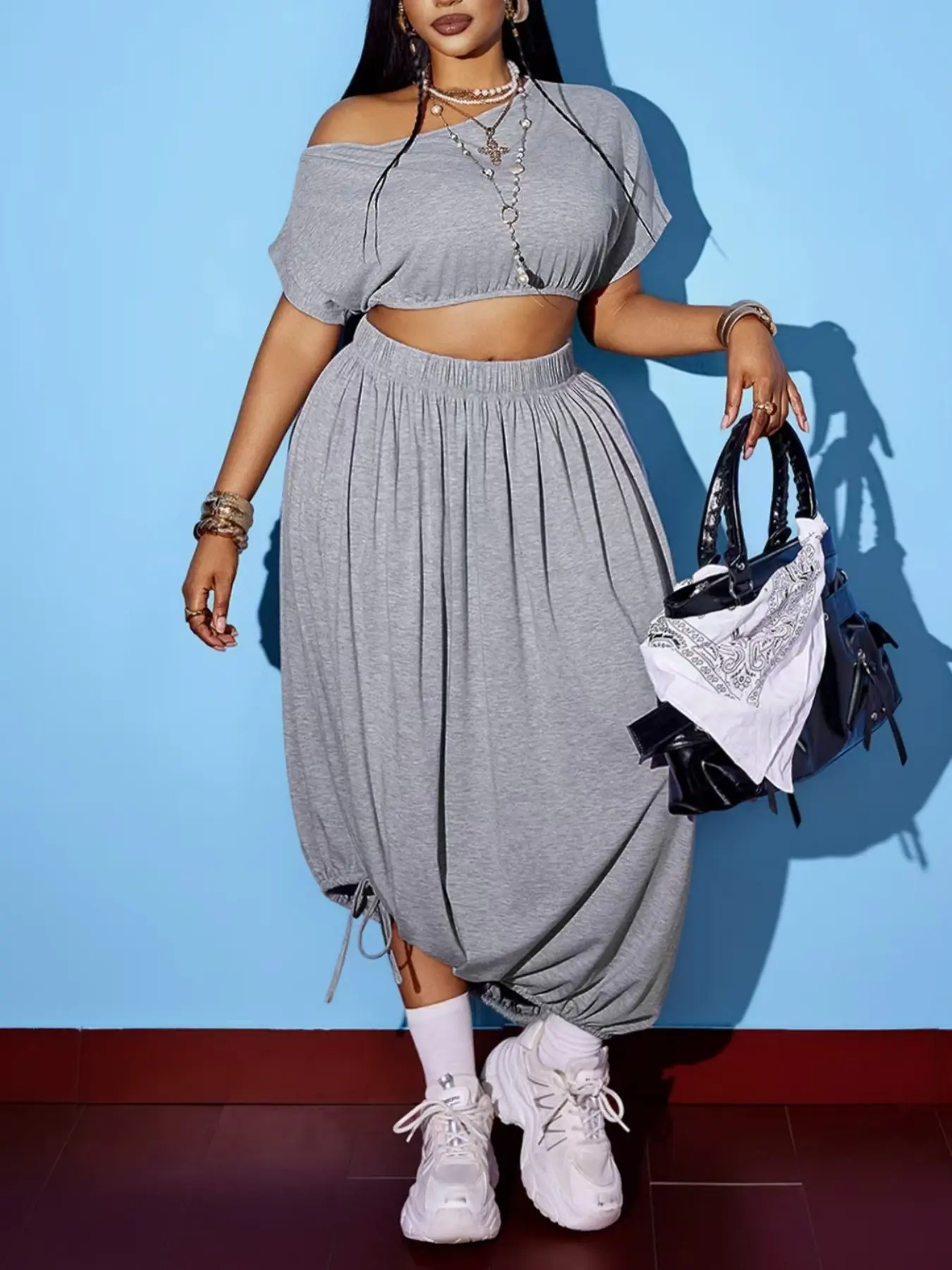 Plus Size Women's Spring Summer Asymmetric Shoulder Short Knit Top and Irregular Drawstring Hem Skirt Set, Casual Two-Piece
