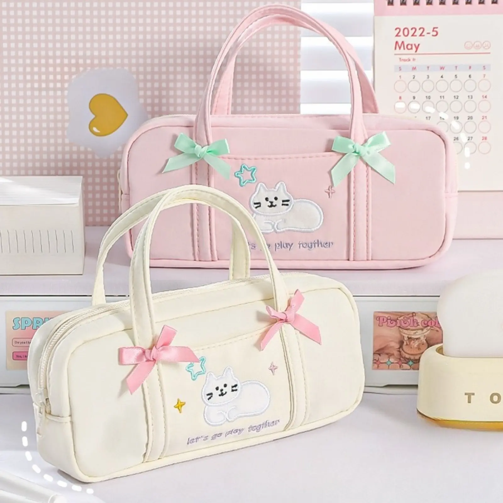 Cute Bow Kitten Handheld Pencil Case, Embroidery Aesthetic Stationery Bag, Fresh Simple Multi-Functional Pen Pouch, Portable Large Capacity Storage Bag for Student Daily School Supplies tiktokshopbacktoschool