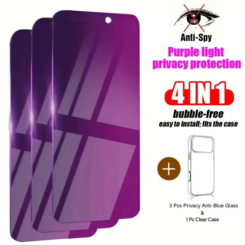 [4IN1] 3pcs Anti-Blue Light Privacy Tempered Glass And 1pc TPU Phone Case for Iphone 17/16/15/14/13/12/11/17 Pro Max/17 Pro/16 Pro Max/Plus/Xs Max, 9H+ Hardness Protective Screen Protector, Anti-Scratch