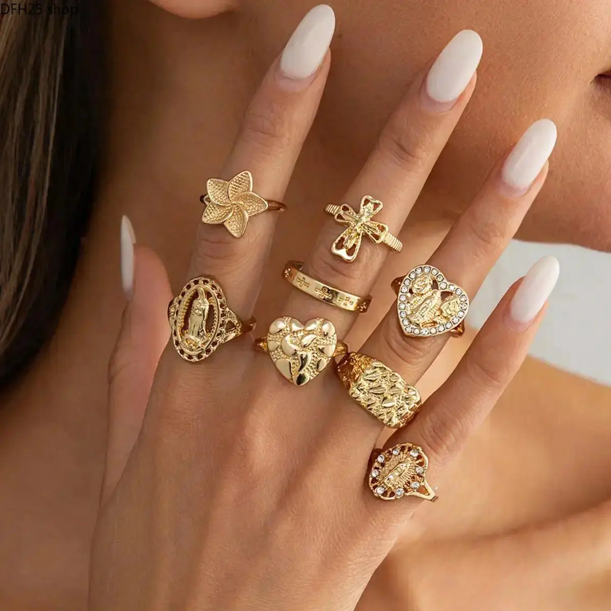 8-Piece Vintage Gold Ring Set for Women, Adjustable Stackable Rings With Cross and Heart Inspired Designs, Mixed Style Fashion Jewelry for Daily Wear, Parties and Layering