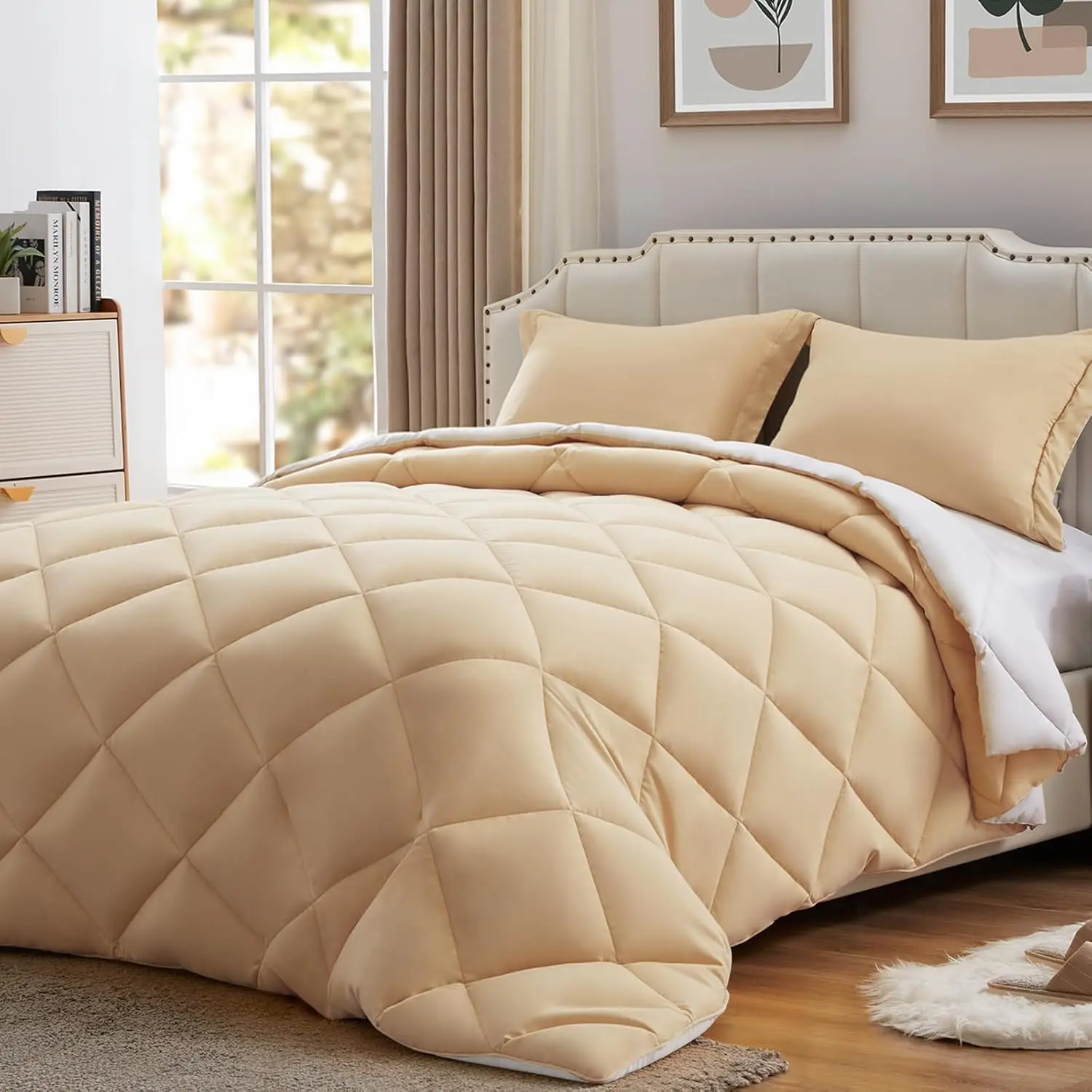 Queen Comforter Set Beige&White,3 Pieces Lightweight Comforters Queen Size Reversible Bedding Comforters Sets,Down Alternative Comforter Bed Set Blanket(88x88In Comforter & 2 Pillowsham)