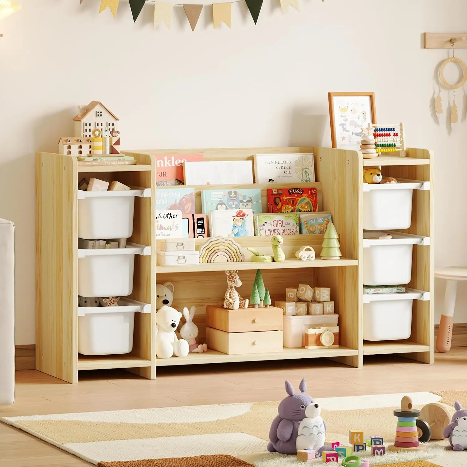 Pipleo Kids Toy Storage Organizer and Montessori Bookshelf with 6 Toy Bins, Pine Wood Toy Organizers and Storage Cabinet with 3-Tier Book Shelf, Kids Bookcase for Classroom, Playroom, Nursery, Daycare