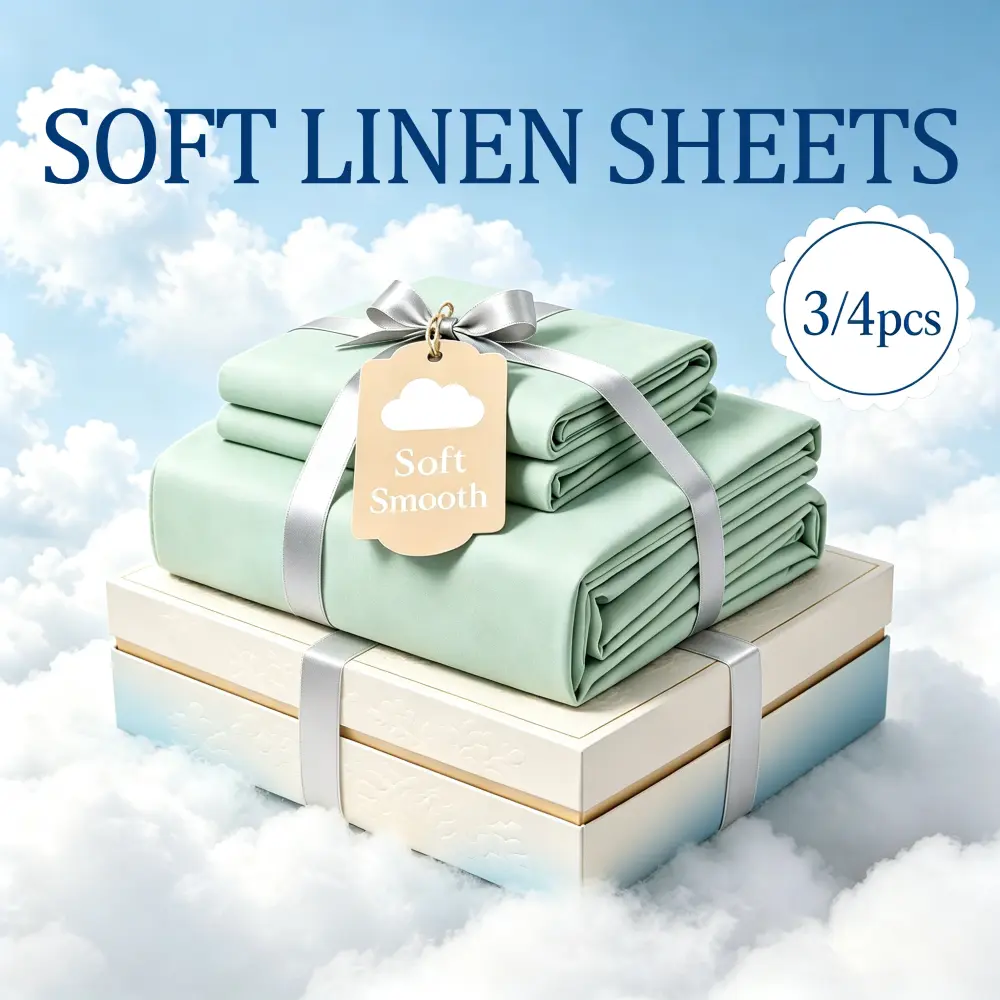 SASTTIE 3/4PCS Luxury Linen Sheet Set, Ultra Soft, Breathable, Cooling Linen Bedding Set, 14'' Deep Pocket Fitted Sheet, Flat sheet, Pillowcases, Twin Full Queen King Size, Wrinkle Resistant Soft Linen Bed Sheets for All Seasons, Great Choice for Gift