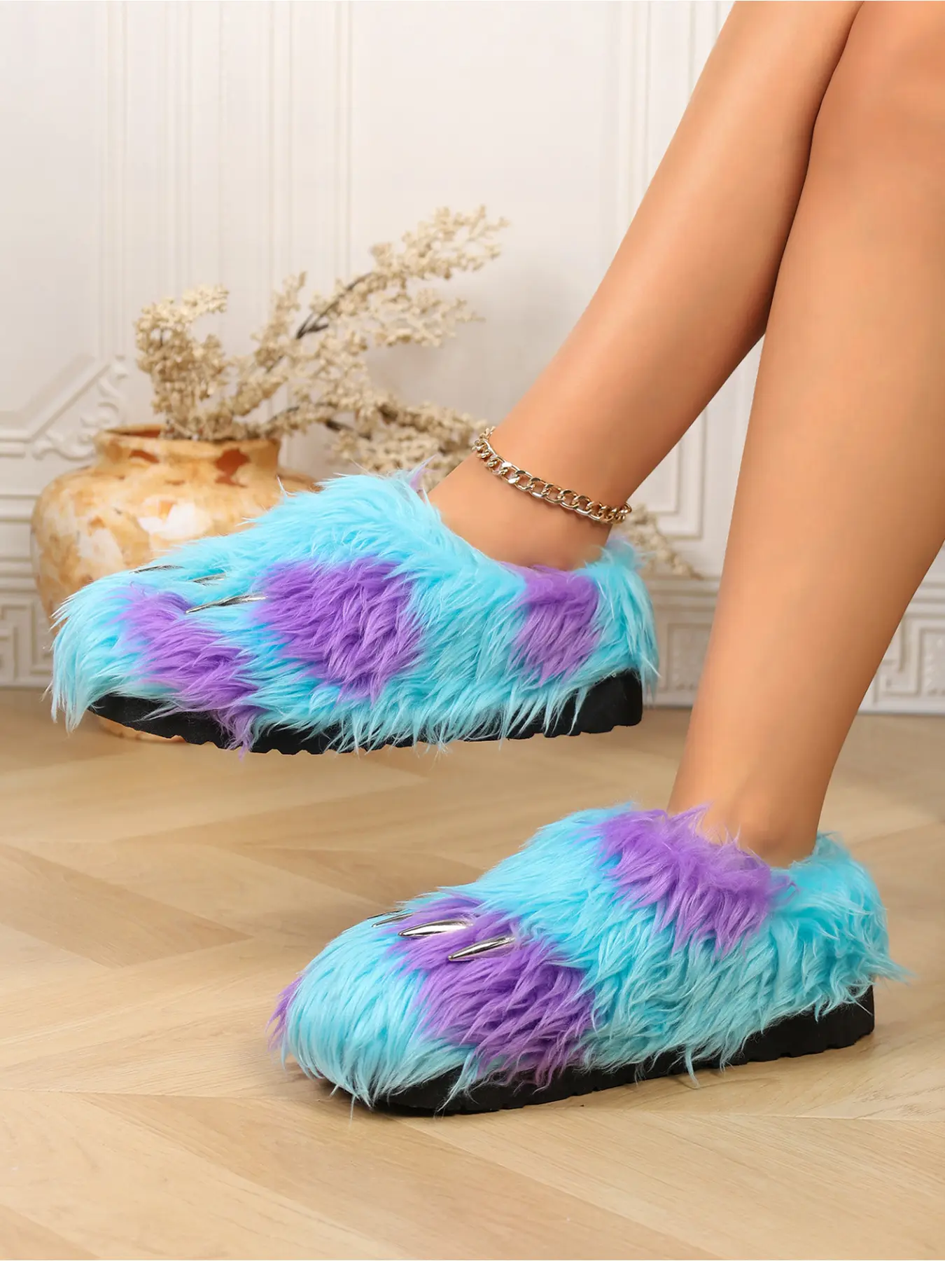 Bright Cyan Blue Lavender Purple Two Tone Long Shaggy Faux Fur Metal Claw Decor Closed Toe Slip On Soft Padded Non Slip Rubber Sole Winter Indoor Monster Paw Mule Slide Slippers