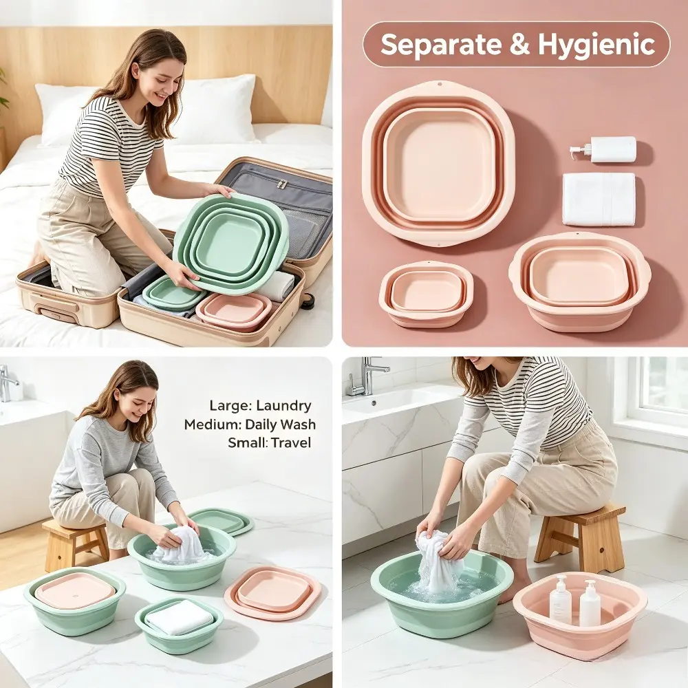 3 Pcs European Style Foldable Thickened Plastic Wash Basins, Multifunctional Household Laundry Tub Adult Foot Soaking Bucket Dirty Clothes Storage Basket, Compact for Dormitories Bathrooms Kitchens Use