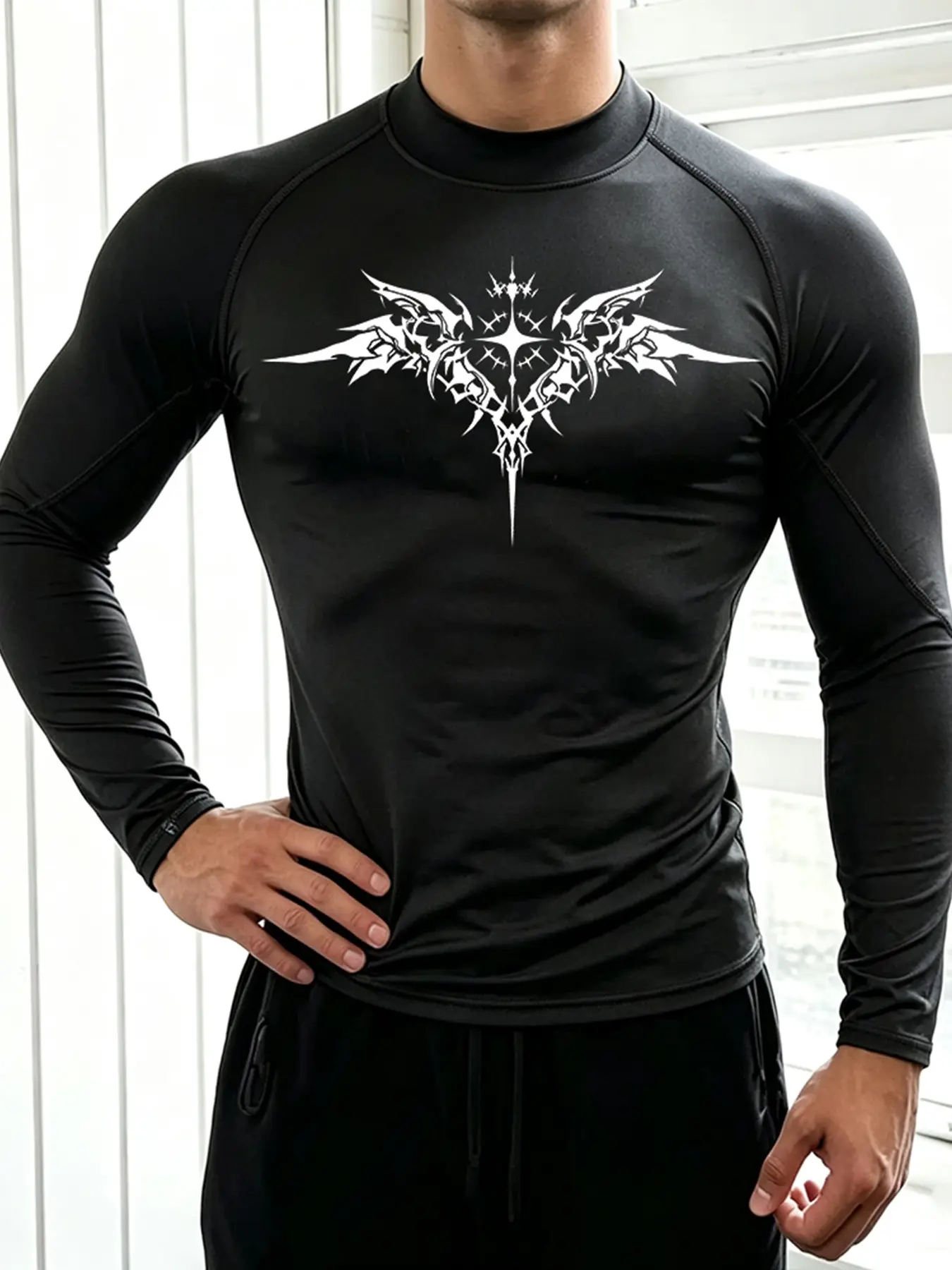 Men's Mock Neck Elastic Slim Fit Compression Long Sleeve T-Shirt Gothic Wing Cross Thorns Print Quick Dry Athletic Running Gym Workout Base Layer Top