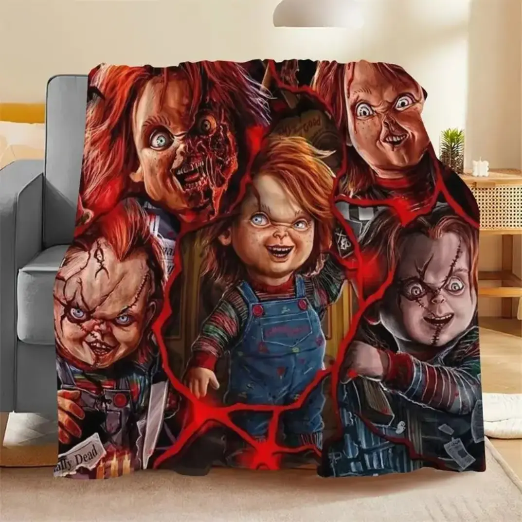 Horror Movie Chucky Print Throw Blanket, Soft Comfy Flannel Christmas Decorative Sofa Blanket, Cozy Fleece Blanket for Home Camping Bed Couch Decor, Lightweight Warm Blanket Gift for Adults Kids Fans