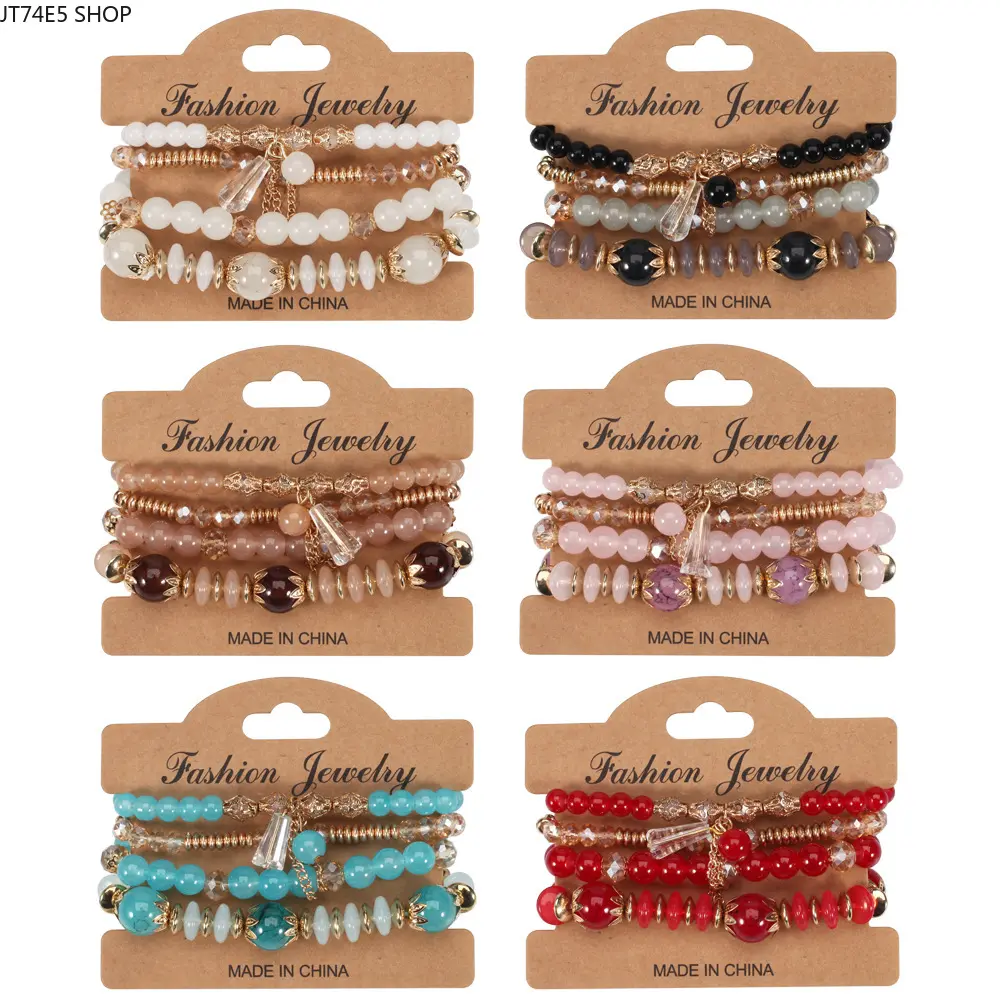 Bohemian Fringed Bracelet, Imitation Agate & Electroplated Crystal Colored Glass Bracelet, 4 Pieces Set