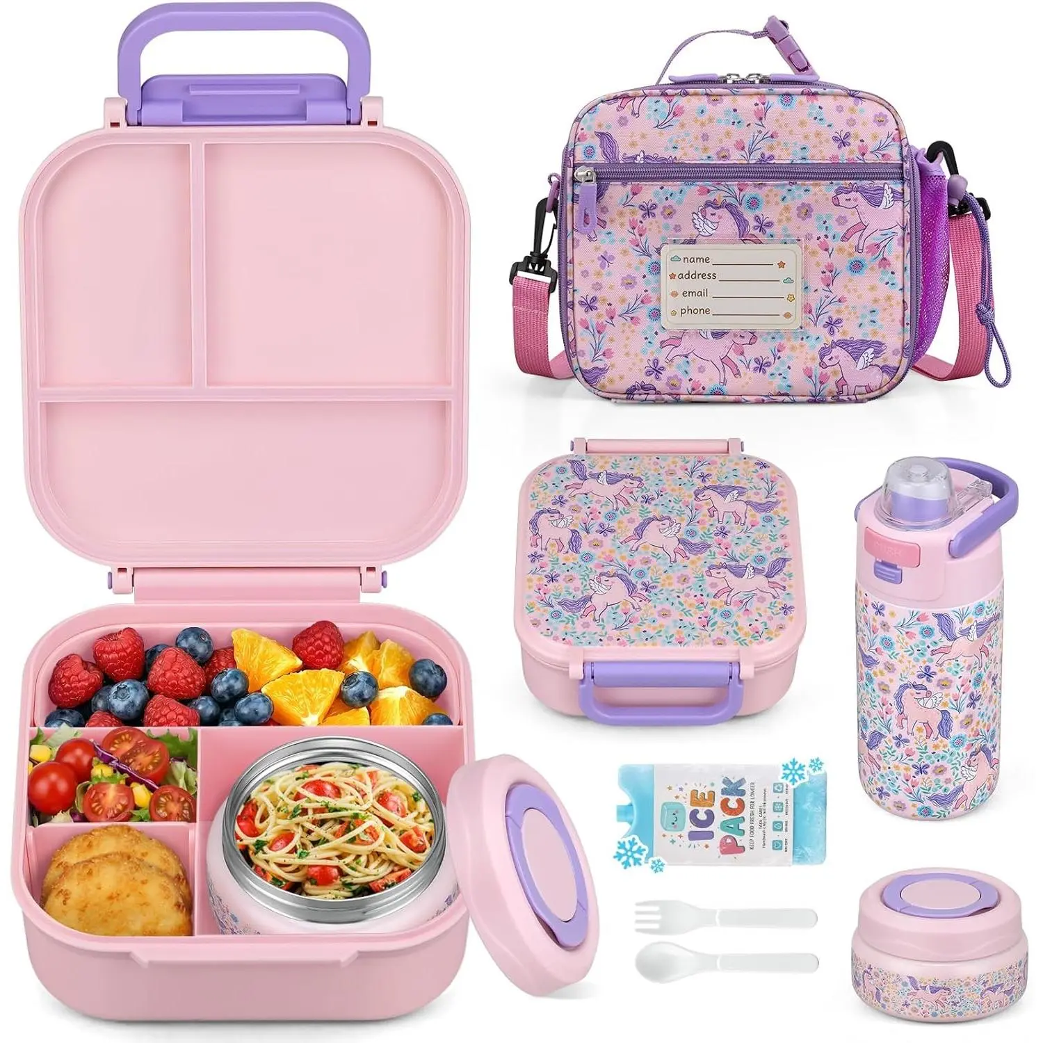 Kids Insulated Bento Box Set - Thermal, Leakproof, Lightweight, Portable, 7 oz Hot Food Thermos, 12 oz Water Bottle, Reusable Ice Bag, Fork & Spoon Utensils for Camping Travel (Pink Gift)