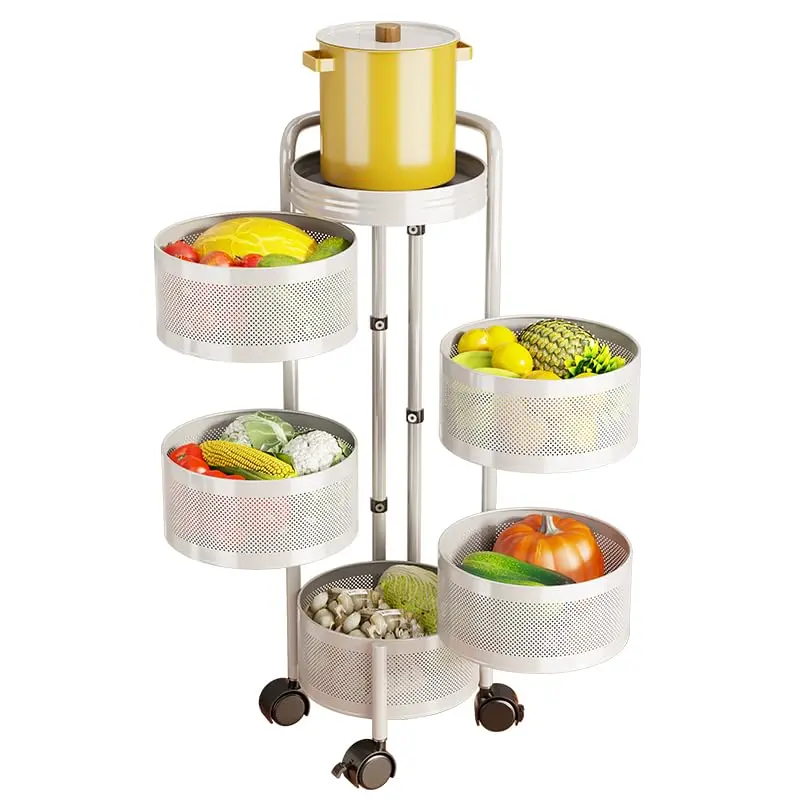 5-Tier Rotating Storage Rack – Carbon Steel Mesh Baskets, Magnetic Lid, Locking Wheels – Mobile Organizer for Kitchen, Bathroom, Laundry, Office – Black