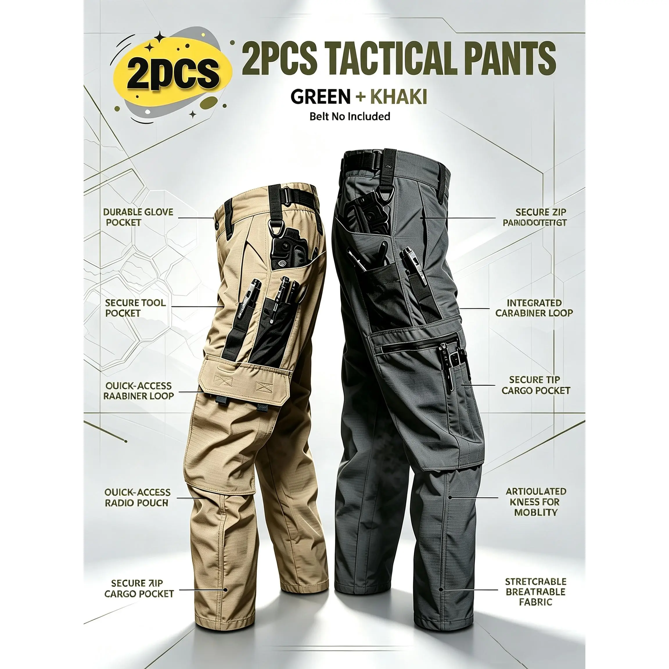 Men's All-Season Loose-Fit Polyester Cargo Pants 2-Pack - Lightweight, Tear-Resistant, 9 Pockets, Elastic Waistband, Non-Stretch Solid Color, Below Ankle, Suitable for Mountaineering, Camping
