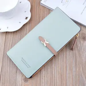 Two-Tone Strap Long Zipper Wallet, Bunny Metal Buckle Accent Soft Faux Leather Clutch Purse, Multi-Slot Card and Coin Organizer with Wrist Strap for Women and Girls Daily Use