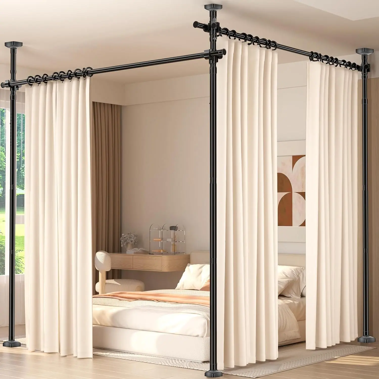 Room Divider for Room Separation,4-10ft(H) 28-140inch(W) Adjustable Temporary Privacy Wall Divider, Tension Curtain Rods No Drilling, Heavy Duty Partition Space Separator Freestanding,Black