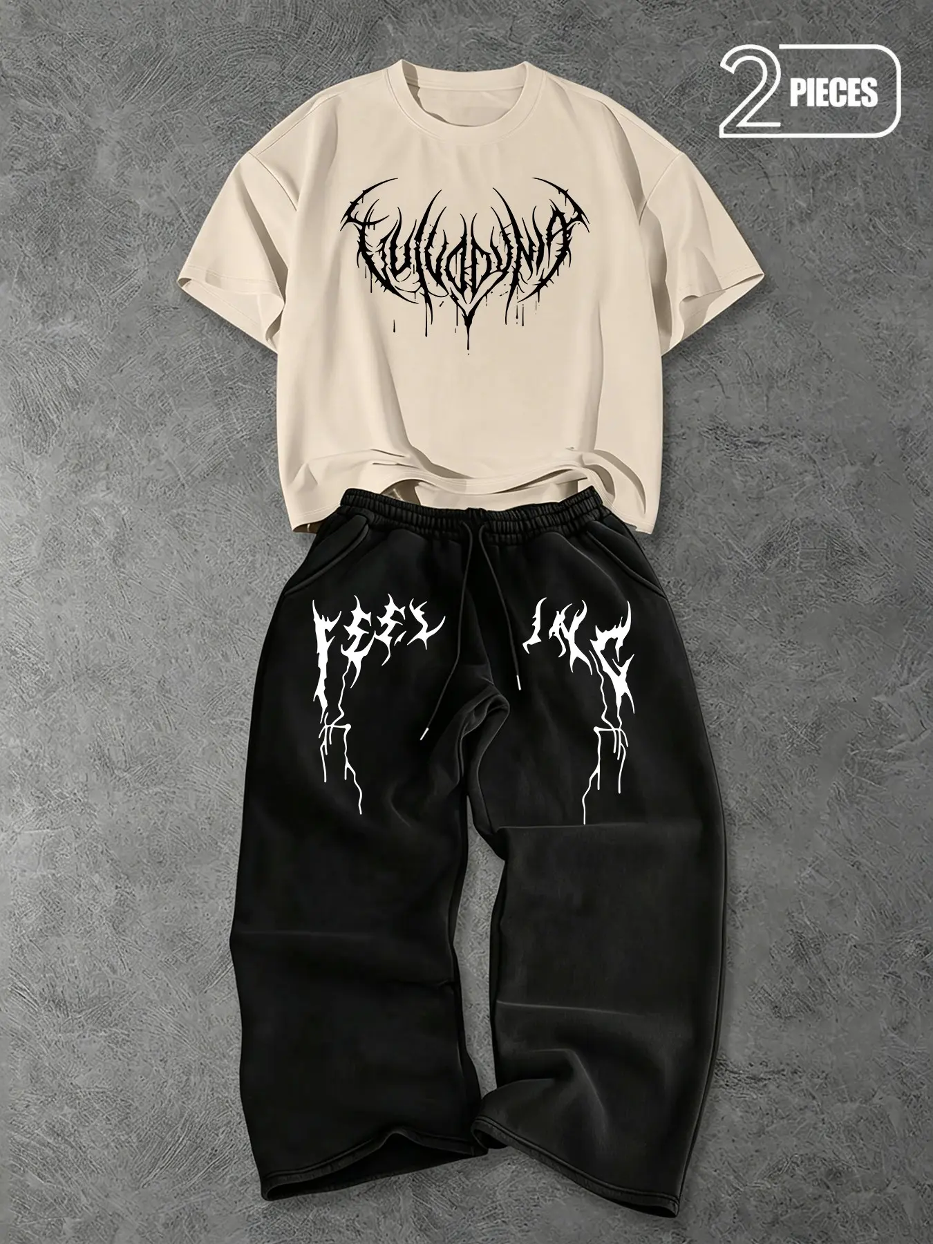 Men's Summer 2-Piece Matching Outfit, Loose Crew Neck Short Sleeve Tee With Drawstring Elastic Wide-Leg Pants, Dripping Thorn Metal Font Print, Punk Grunge Street Tracksuit, Perfect for Skateboarding, Music Festivals & Daily Vacation Casual Outfits