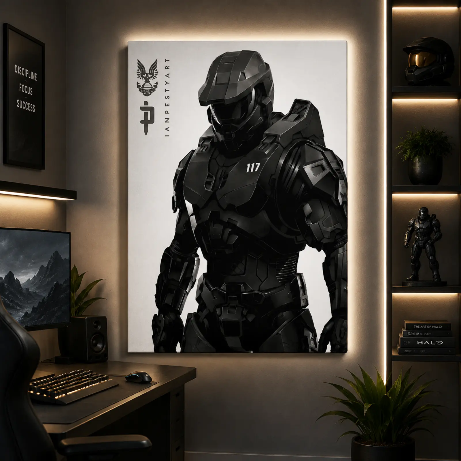Halo Master Chief HD Canvas Wall Art Poster - Spartan Sci-Fi Video Game Decor, Men's Room Inspo, Gamer Setup Accent, Gift for Halo Fans (Bedroom, Office Use), Men's Room Decor