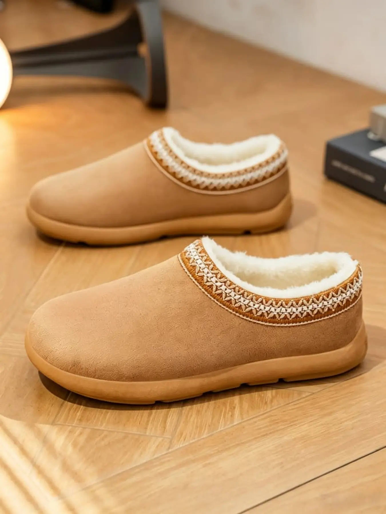 Men embroidered fleece lined toe slippers, suede-like matte upper thick plush lining, soft anti-slip sole indoor outdoor warm snow slides