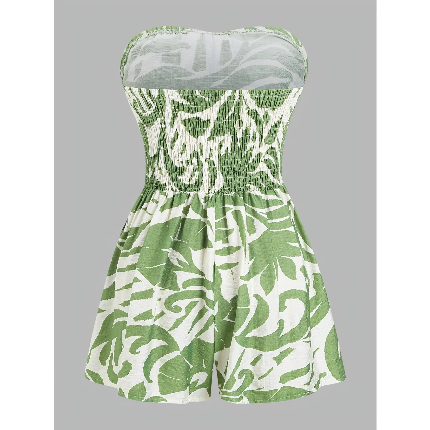 Women'S Casual Hawaiian Vacation Style Printed Bandeau Tie-Waist Cinch Jumpsuit Sleeveless Off-Shoulder Wide-Leg Pants with Pockets Short Shorts