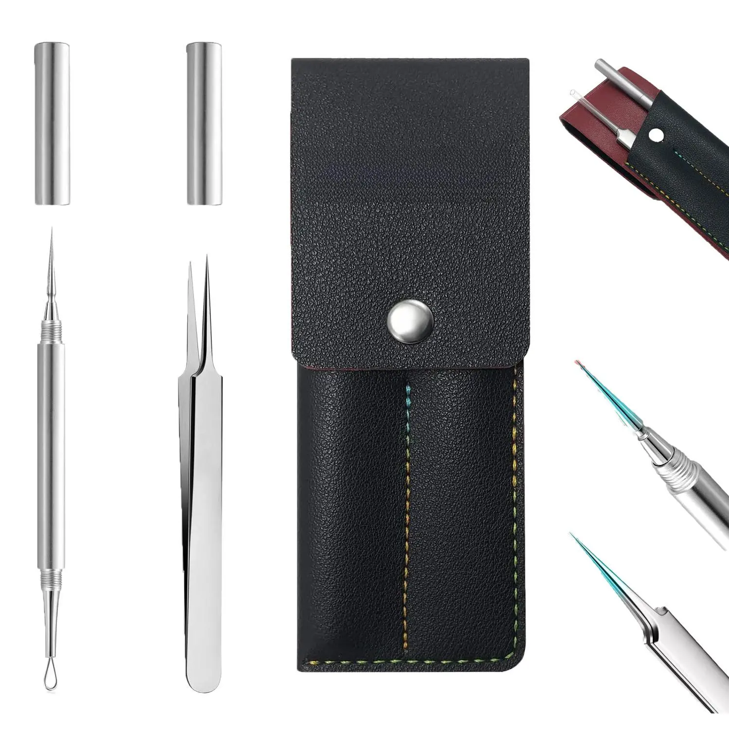 Professional Facial Milia Removal Tool Kit, Titanium Alloy Double Ended Needle & Stainless Steel Precision Tweezers Set, Multi-Purpose Blackhead Whitehead Blemish Zit Pimple Acne Extractor Popper for Facial Skin Care