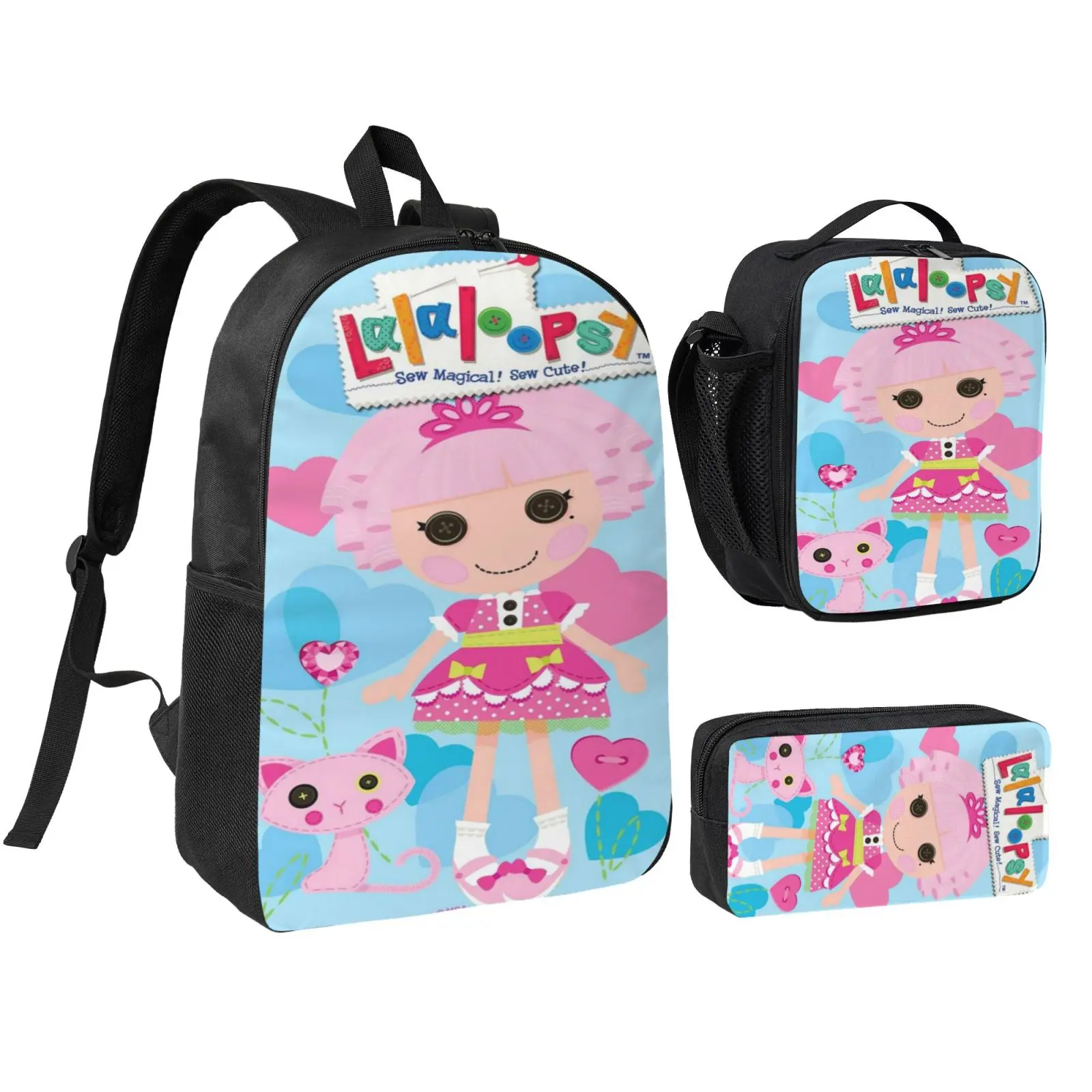 Anime Lalaloopsy 3Pcs School Backpack Set for Teens Boys Girls, Adjustable Strap Kids Bookbag with Insulated Lunch Bag & Pencil Case, Lightweight Travel Office Daypack