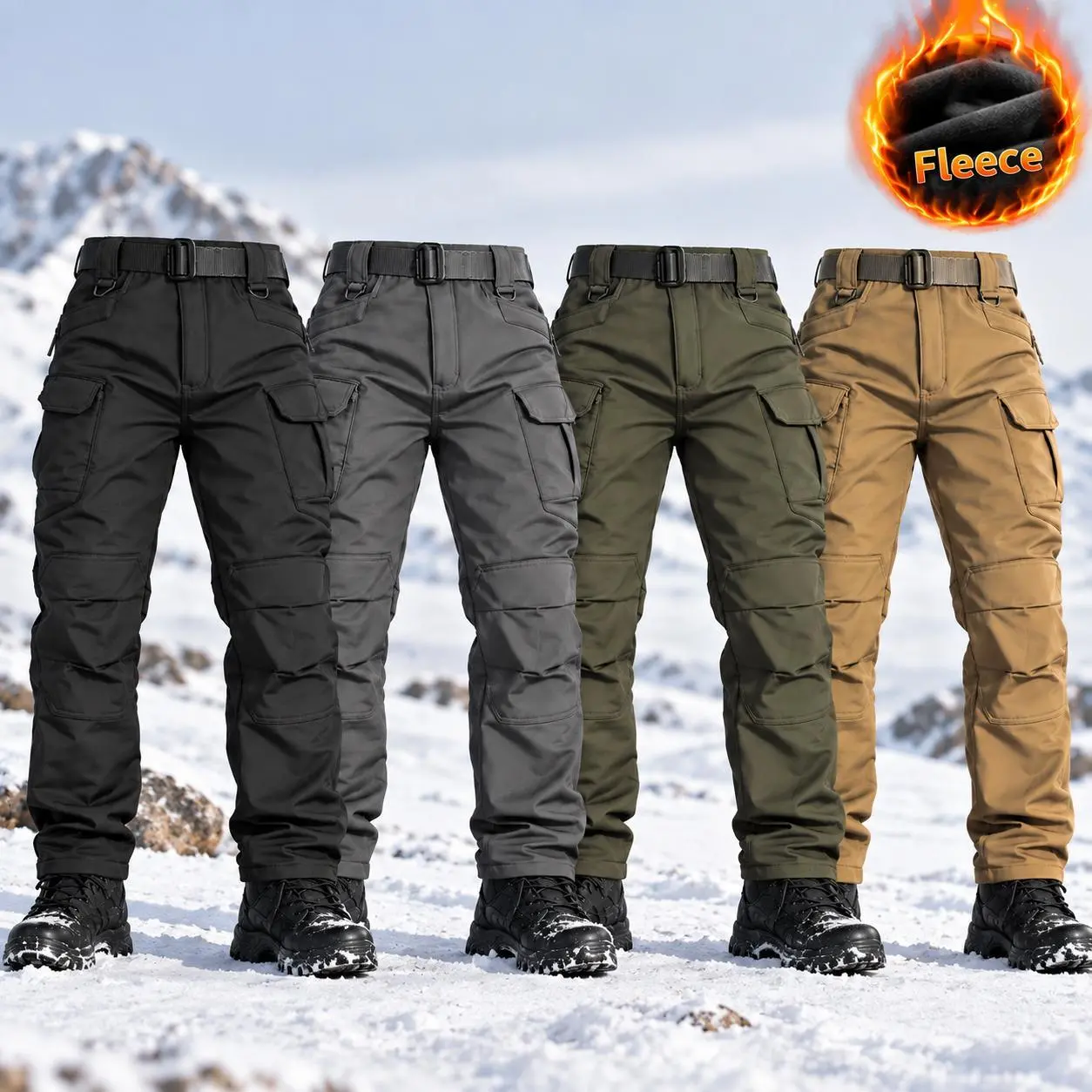HOMUG Herren Dickes Fleece Taktische Kampfhosen, Herren Solide Farben Hosen mit Vielen Taschen für Wandern, mit Taschen Reißverschlüssen und Keine Taillie, Geeignet zum Tragen in den Herbst und Winter Jahreszeiten.