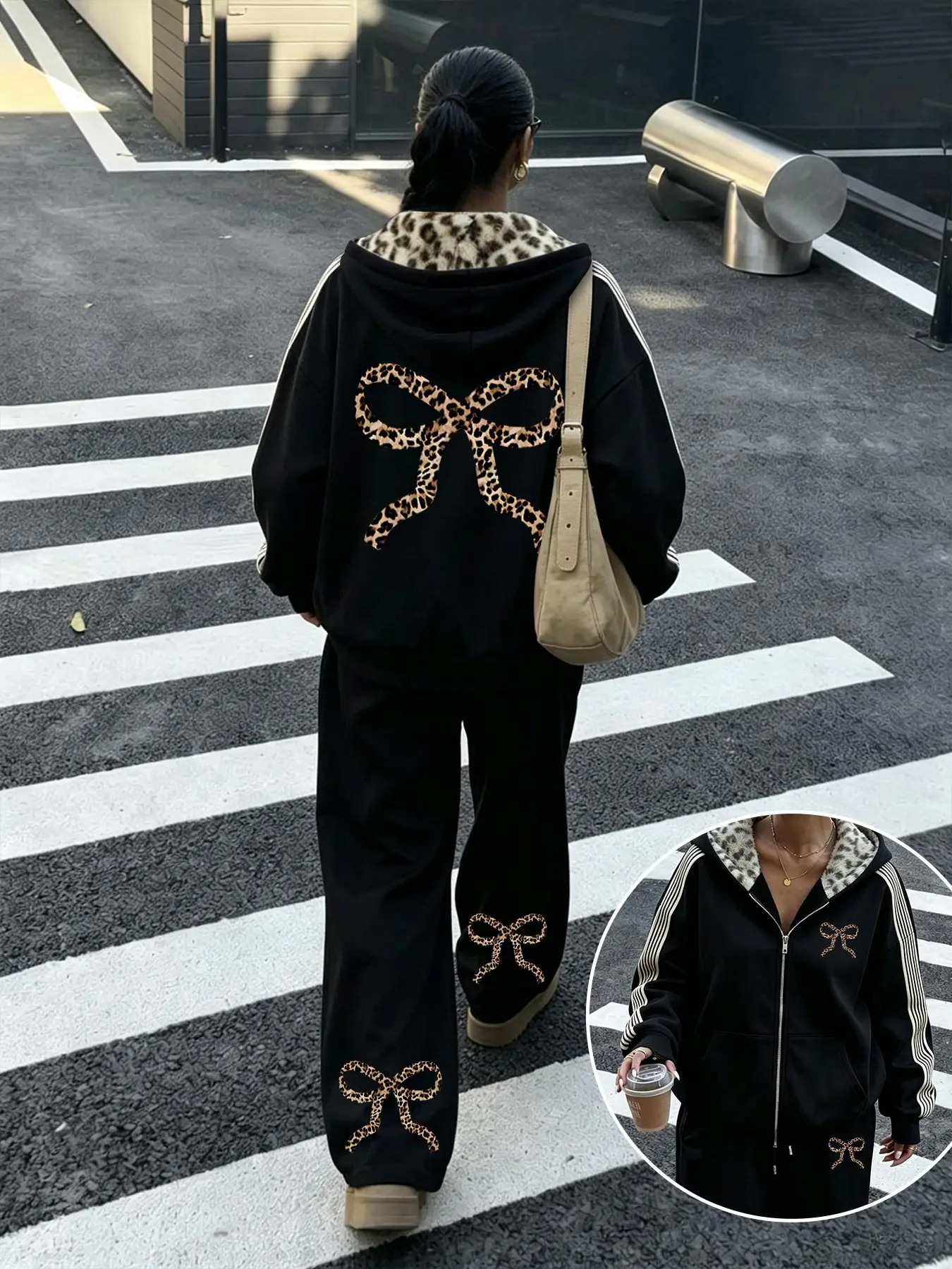 Women's Casual Leopard Print Long Sleeve Hoodie Set, Zipper Design, Loose-Fit Sweatpants, Fall & Winter Comfort, Daily Wear or Sportswear