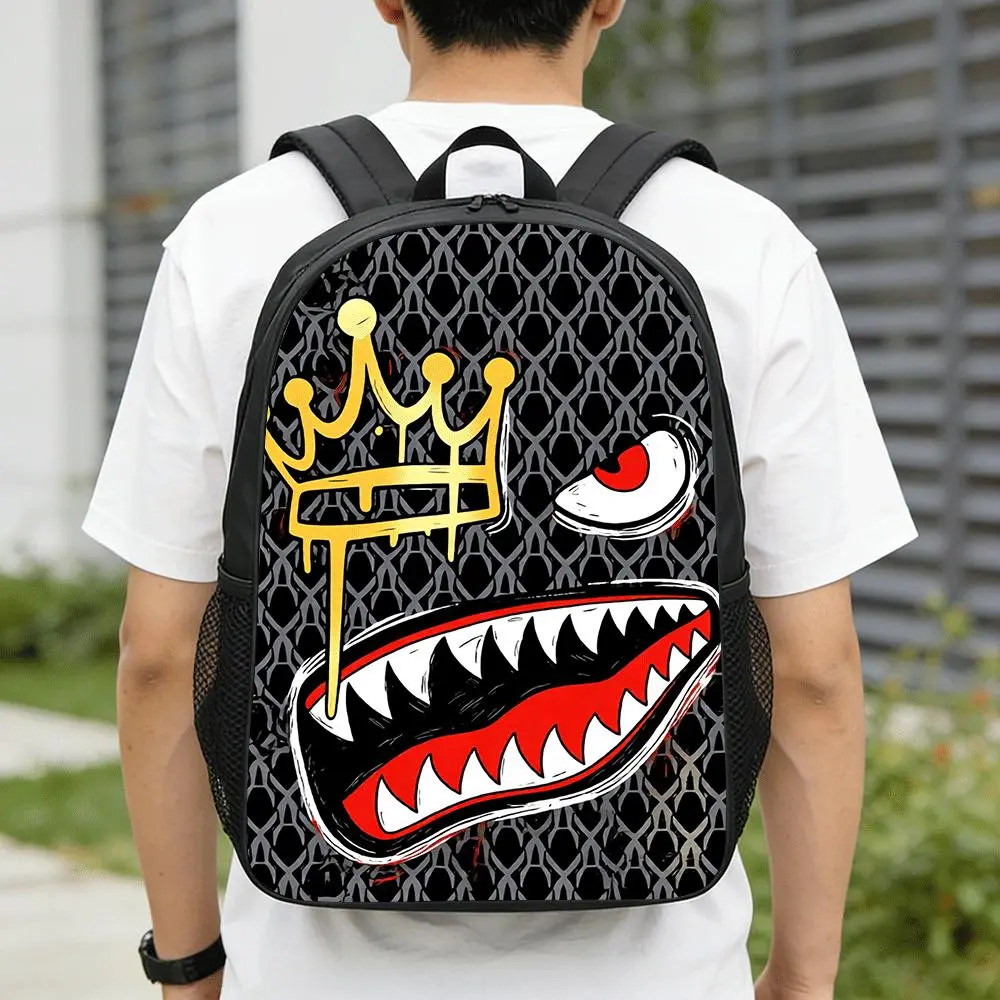 Crown Eye & Mouth Graffiti Mesh Background Backpack - A casual everyday backpack with a street art texture design, suitable for urban enthusiasts and those seeking a unique style, ideal for teenagers and young adults. bookbag