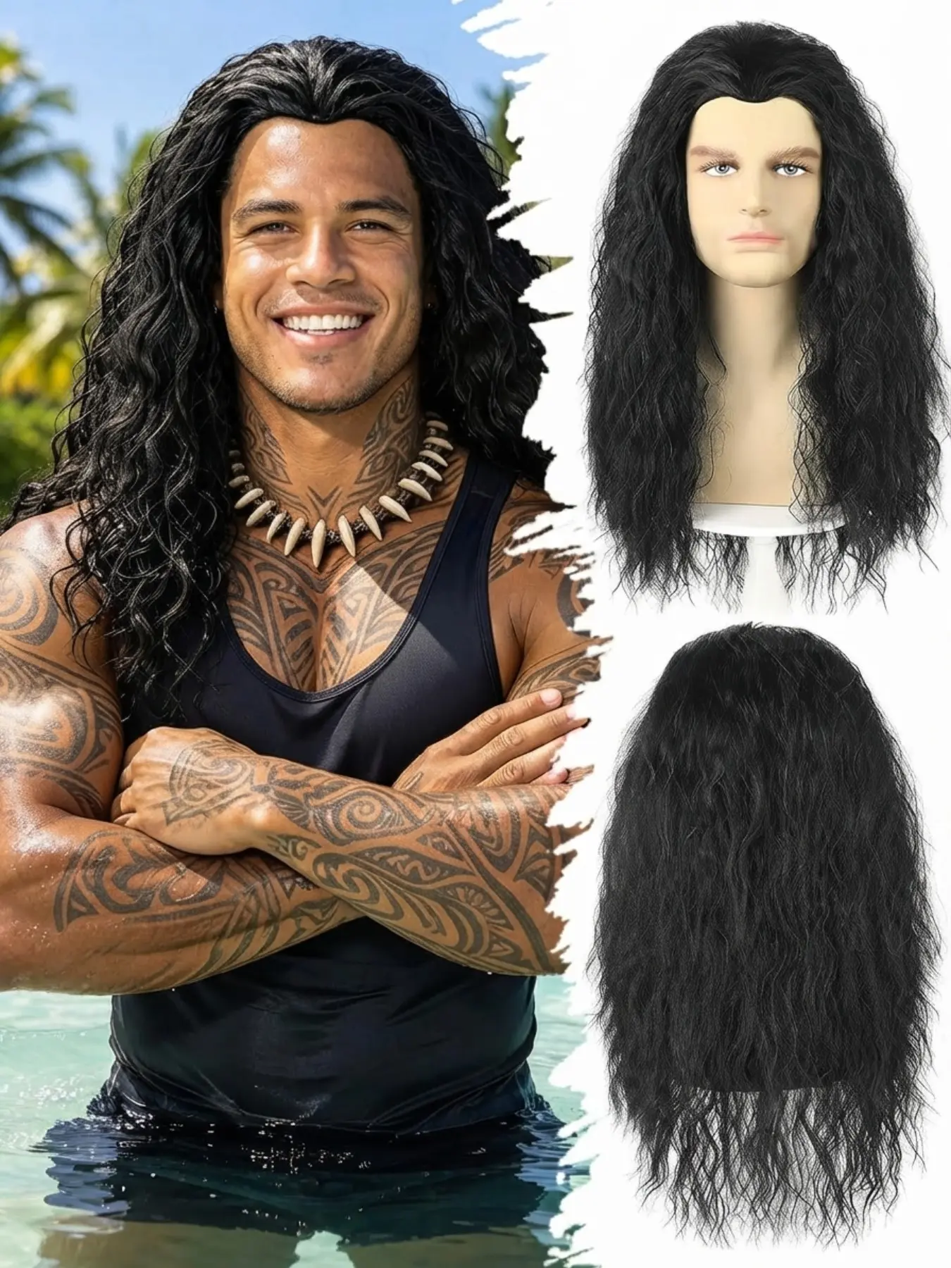 Long Black Curly Wig for Men, 80s Heavy Metal Rocker Wig, Long Wavy Synthetic Wigs for Men Cosplay, Halloween Costume, Theme Party & Daily Fashion, Natural Looking Realistic Full Wig, Heat Resistant