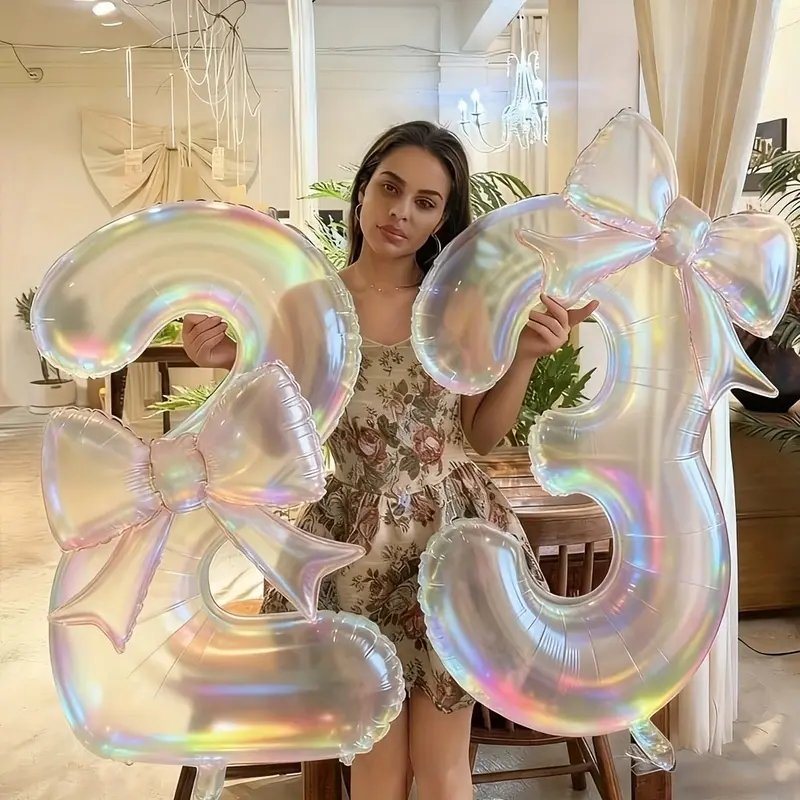 2 pieces, large iridescent transparent number-shaped foil balloons, decorated with 24inch iridescent bows, suitable for birthdays, Valentine's Day, Christmas,  graduation ceremonies, wedding celebrations - abundant party decorations, event balloons