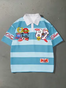 American Vintage 87 Number Badge Print Striped Polo Mesh Breathable Loose Fit Streetwear Short Sleeve Top, Casual Summer Fashion