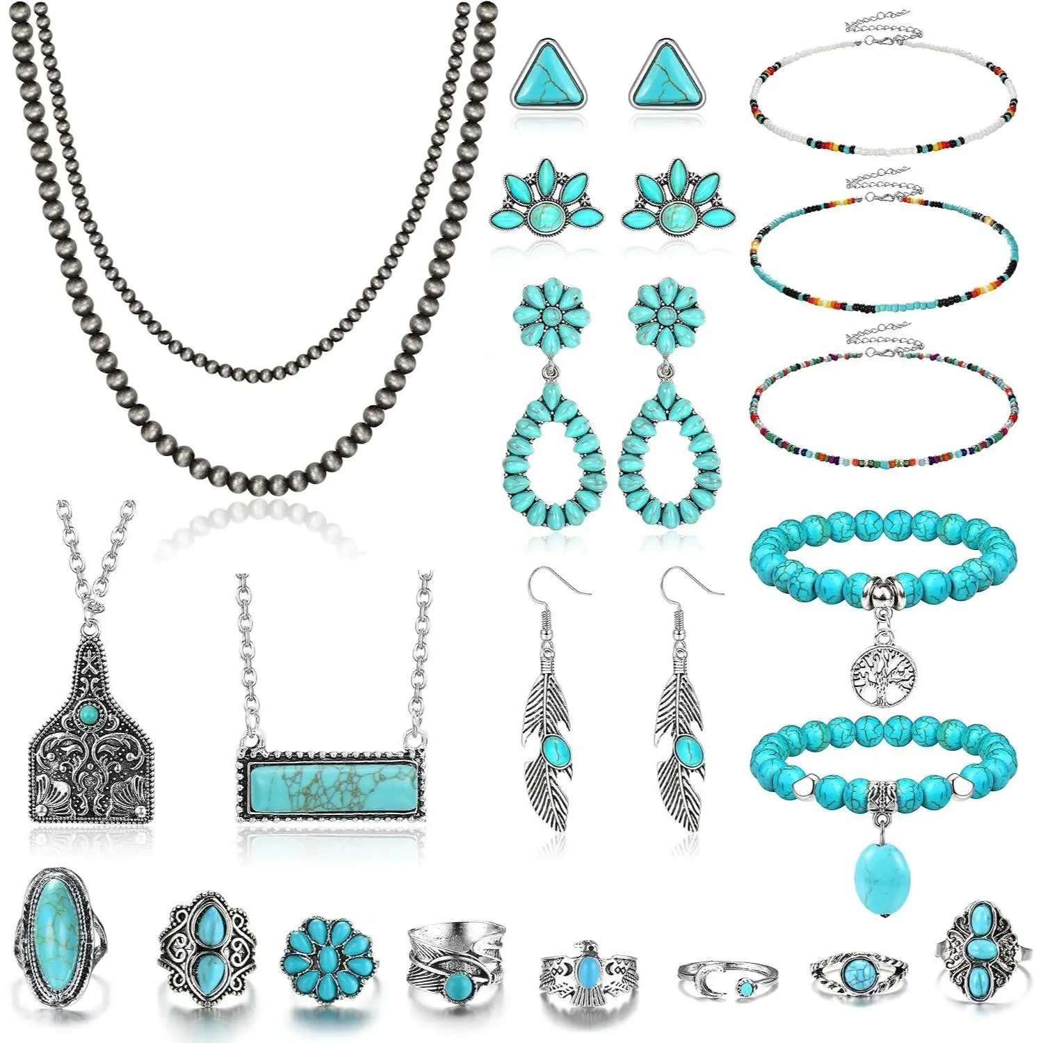 ORAZIO Turquoise Jewelry for Women Bohemian Western Jewelry Set Navajo Pearl Necklace Beaded Choker Necklace Turquoise Earrings Bracelet Vintage Knuckle Rings Boho Western Jewelry for Women