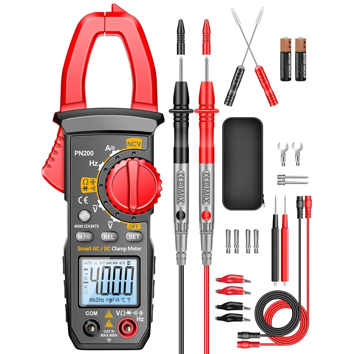 Digital Clamp Meter Multimeter, 4000 Counts NCV Voltage Detector, Portable Electric Tester Measures AC/DC Current, AC DC Voltage, Resistance, Capacitance, Diode Test, Continuity and Frequency, LCD Backlight, Includes Test Leads and Instruction Manual